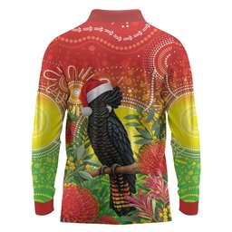 Australia Christmas Black Cockatoo Long Sleeve Polo Shirt Aboriginal Art