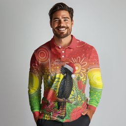 Australia Christmas Black Cockatoo Long Sleeve Polo Shirt Aboriginal Art