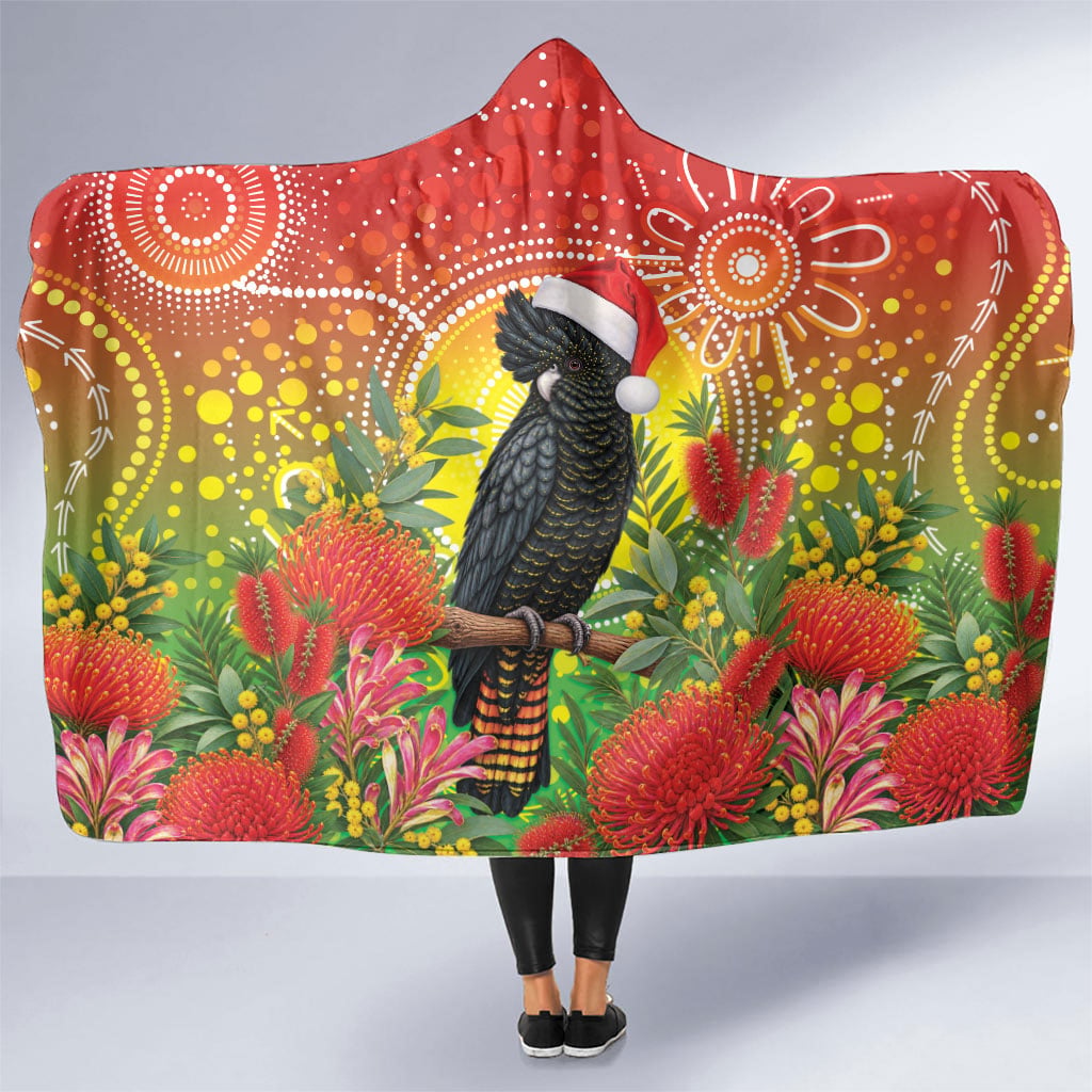 Australia Christmas Black Cockatoo Hooded Blanket Aboriginal Art