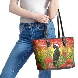 Australia Christmas Black Cockatoo Leather Tote Bag Aboriginal Art
