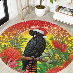Australia Christmas Black Cockatoo Round Carpet Aboriginal Art