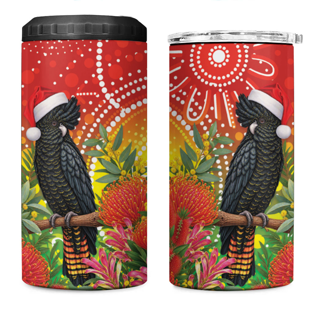 Australia Christmas Black Cockatoo 4 in 1 Can Cooler Tumbler Aboriginal Art