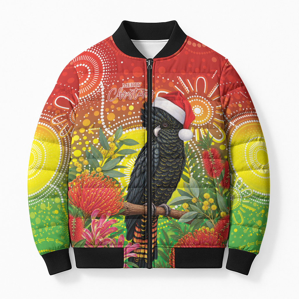 Australia Christmas Black Cockatoo Bomber Puffer Jacket Aboriginal Art