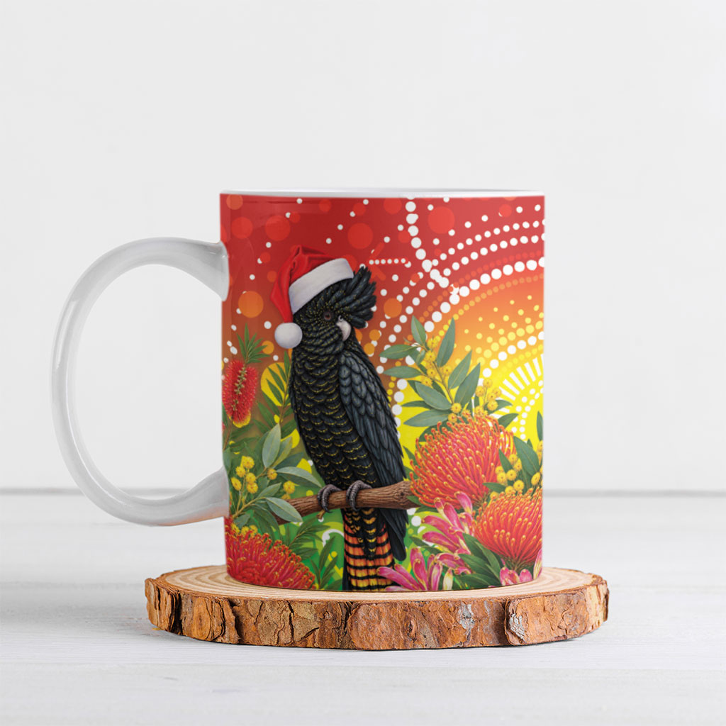 Australia Christmas Black Cockatoo Ceramic Mug Aboriginal Art