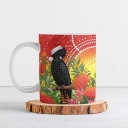 Australia Christmas Black Cockatoo Ceramic Mug Aboriginal Art