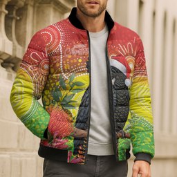 Australia Christmas Black Cockatoo Bomber Puffer Jacket Aboriginal Art