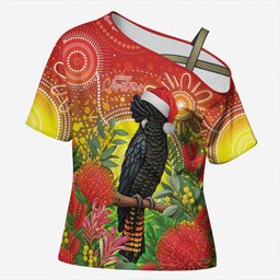 Australia Christmas Black Cockatoo Cross Shoulder Shirt Aboriginal Art