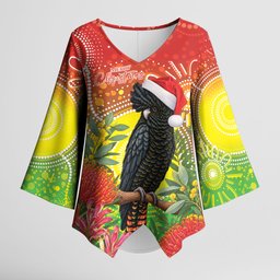 Australia Christmas Black Cockatoo Kimono Sleeve Blouse Aboriginal Art