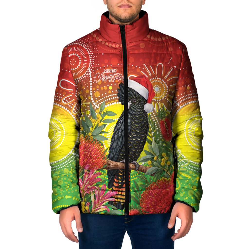 Australia Christmas Black Cockatoo Padded Jacket Aboriginal Art