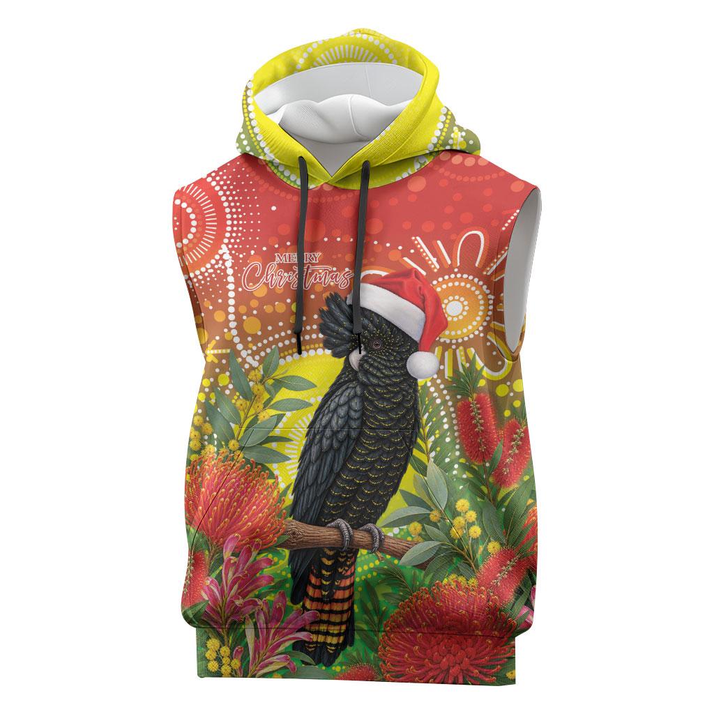 Australia Christmas Black Cockatoo Sleeveless Hoodie Aboriginal Art