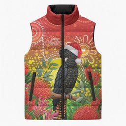 Australia Christmas Black Cockatoo Sleeveless Puffer Jacket Aboriginal Art