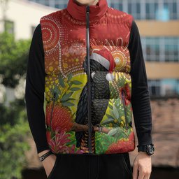 Australia Christmas Black Cockatoo Sleeveless Puffer Jacket Aboriginal Art