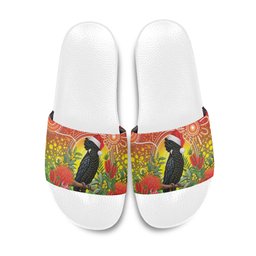 Australia Christmas Black Cockatoo Slide Sandals Aboriginal Art