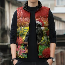 Australia Christmas Black Cockatoo Sleeveless Puffer Jacket Aboriginal Art