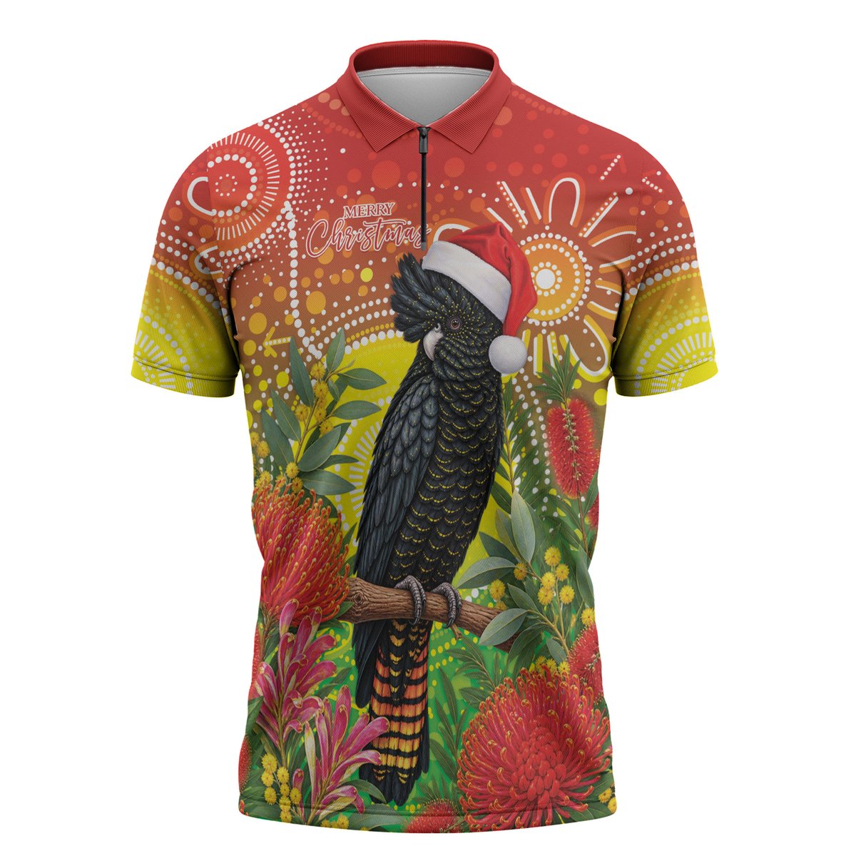 Australia Christmas Black Cockatoo Zipper Polo Shirt Aboriginal Art