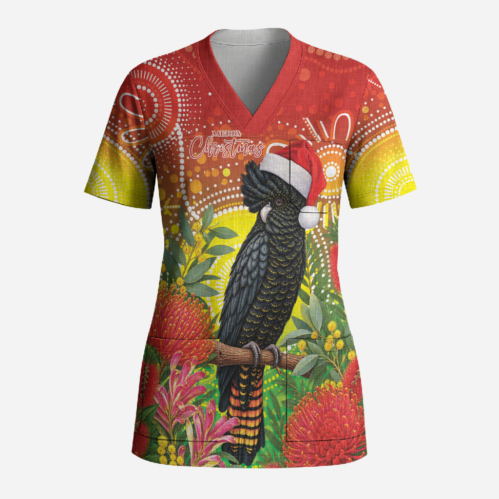 Australia Christmas Black Cockatoo Scrub Top Aboriginal Art