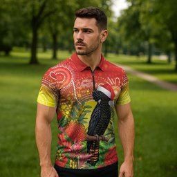 Australia Christmas Black Cockatoo Zipper Polo Shirt Aboriginal Art