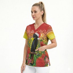 Australia Christmas Black Cockatoo Scrub Top Aboriginal Art