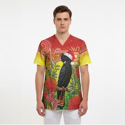 Australia Christmas Black Cockatoo Scrub Top Aboriginal Art