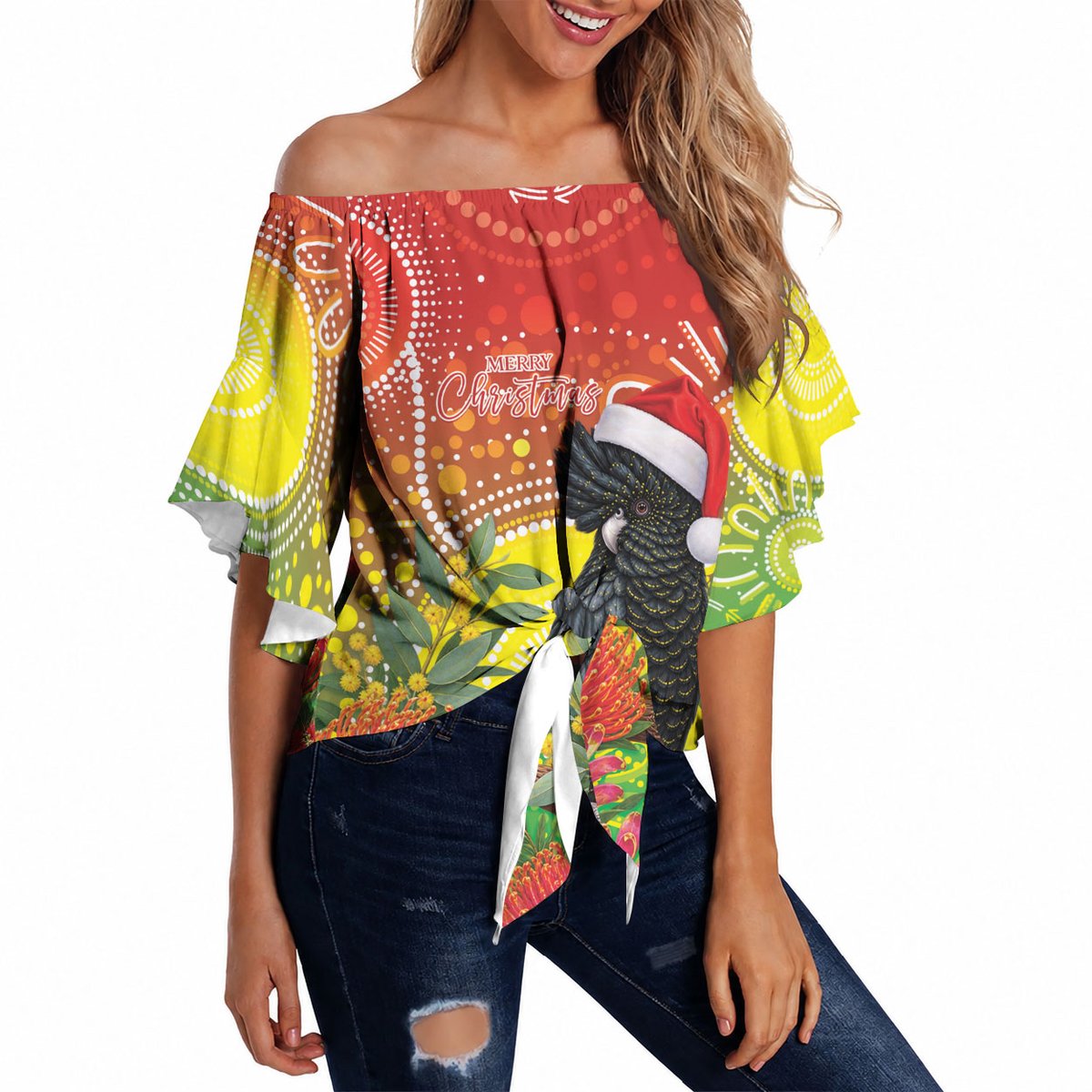 Australia Christmas Black Cockatoo Off Shoulder Wrap Waist Top Aboriginal Art