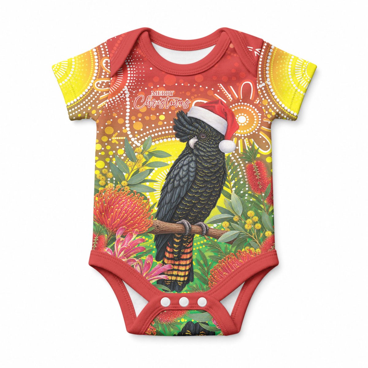 Australia Christmas Black Cockatoo Baby Onesie Aboriginal Art