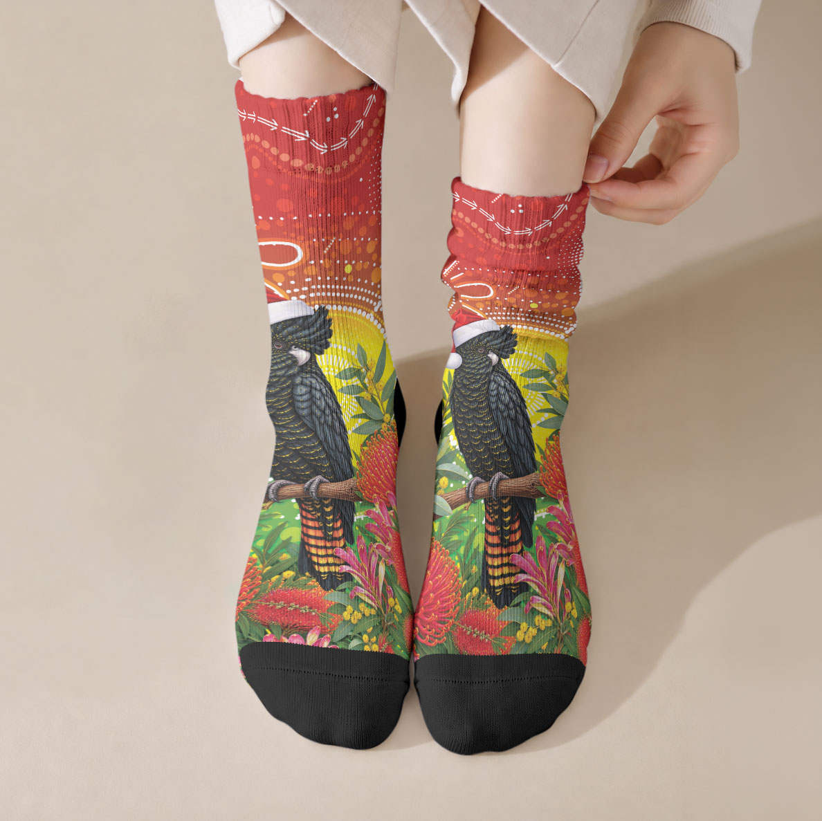 Australia Christmas Black Cockatoo Crew Socks Aboriginal Art