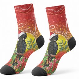 Australia Christmas Black Cockatoo Crew Socks Aboriginal Art