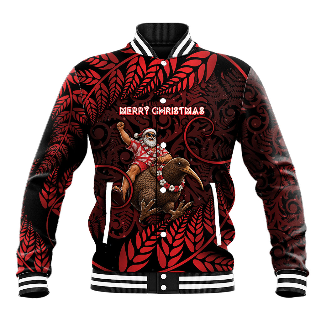 New Zealand Christmas Baseball Jacket Red Santa Riding Kiwi Bird Silver Fern