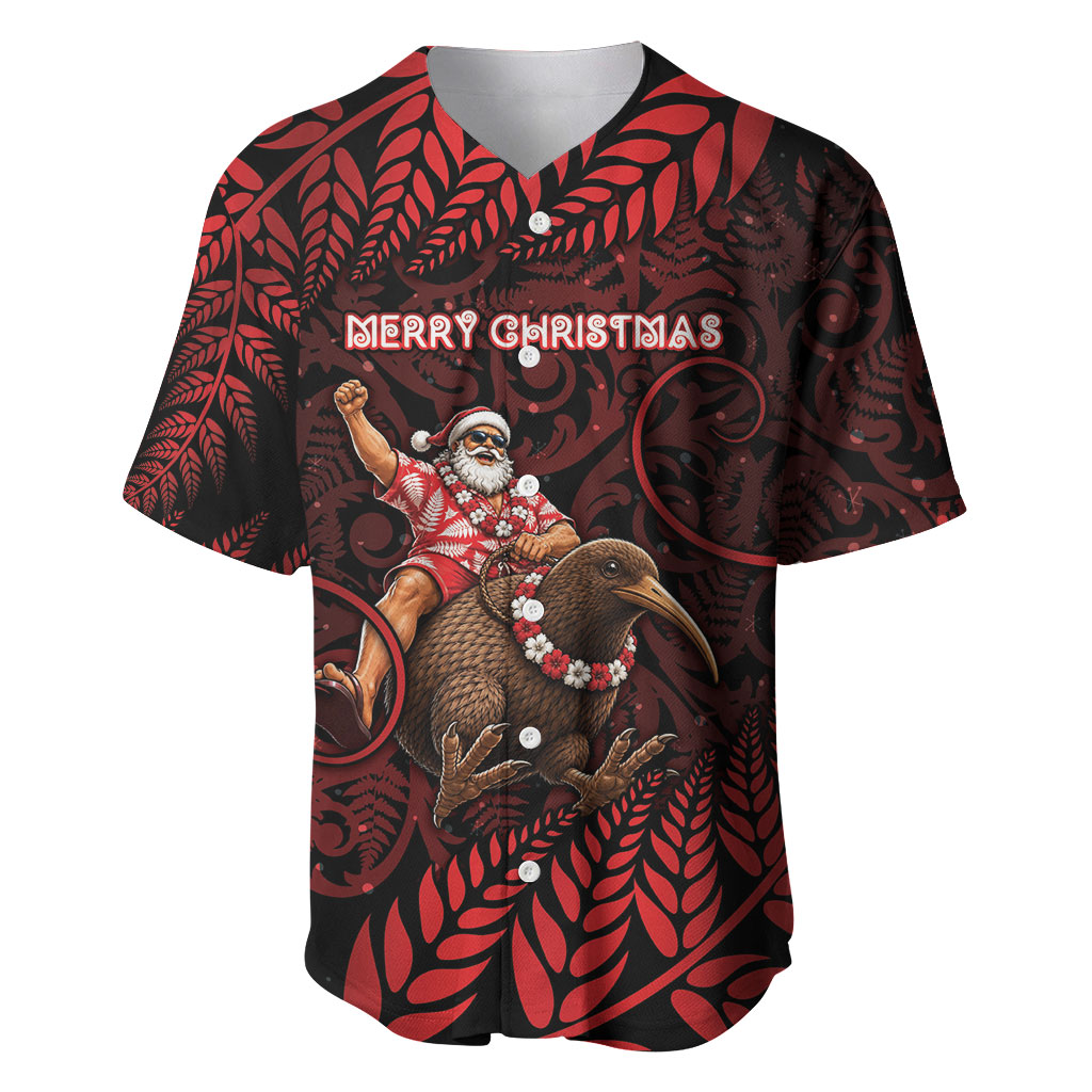 New Zealand Christmas Baseball Jersey Red Santa Riding Kiwi Bird Silver Fern