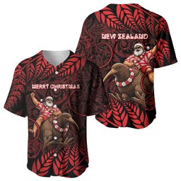 New Zealand Christmas Baseball Jersey Red Santa Riding Kiwi Bird Silver Fern