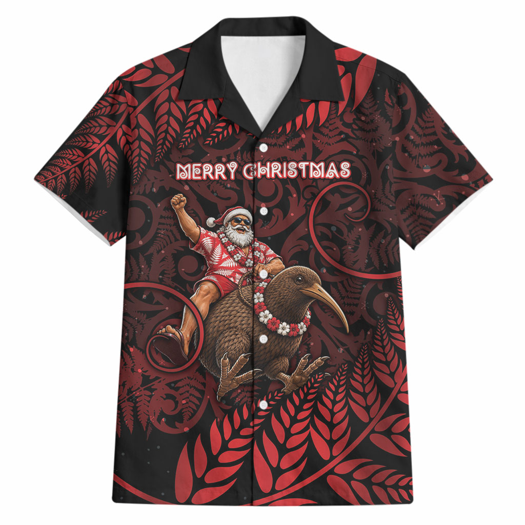 New Zealand Christmas Hawaiian Shirt Red Santa Riding Kiwi Bird Silver Fern