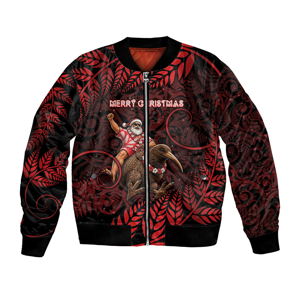 New Zealand Christmas Bomber Jacket Red Santa Riding Kiwi Bird Silver Fern