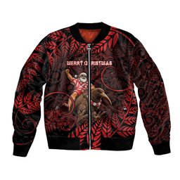 New Zealand Christmas Bomber Jacket Red Santa Riding Kiwi Bird Silver Fern