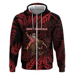 New Zealand Christmas Zip Hoodie Red Santa Riding Kiwi Bird Silver Fern