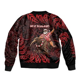New Zealand Christmas Bomber Jacket Red Santa Riding Kiwi Bird Silver Fern