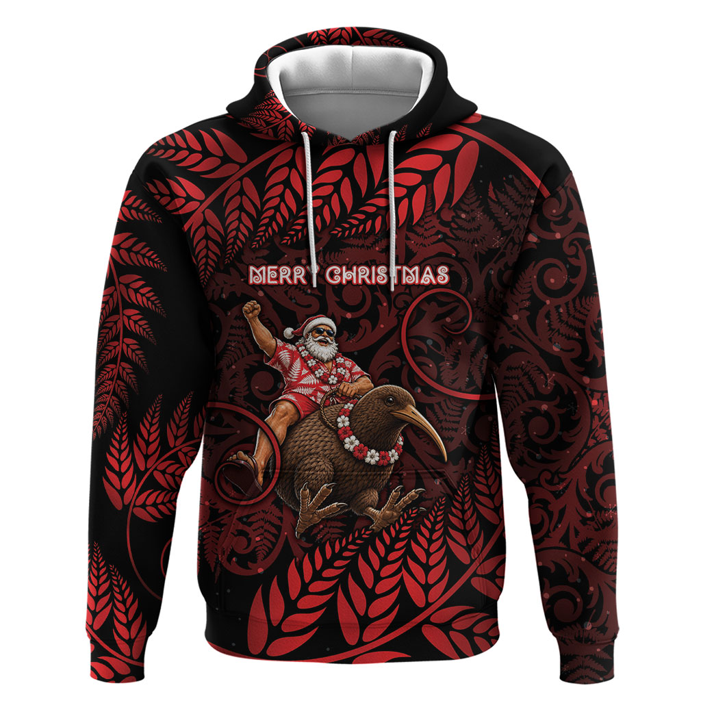 New Zealand Christmas Hoodie Red Santa Riding Kiwi Bird Silver Fern