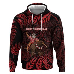 New Zealand Christmas Hoodie Red Santa Riding Kiwi Bird Silver Fern