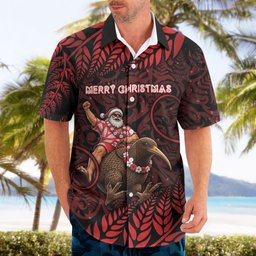 New Zealand Christmas Hawaiian Shirt Red Santa Riding Kiwi Bird Silver Fern