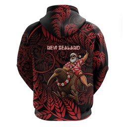 New Zealand Christmas Hoodie Red Santa Riding Kiwi Bird Silver Fern