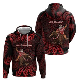 New Zealand Christmas Hoodie Red Santa Riding Kiwi Bird Silver Fern