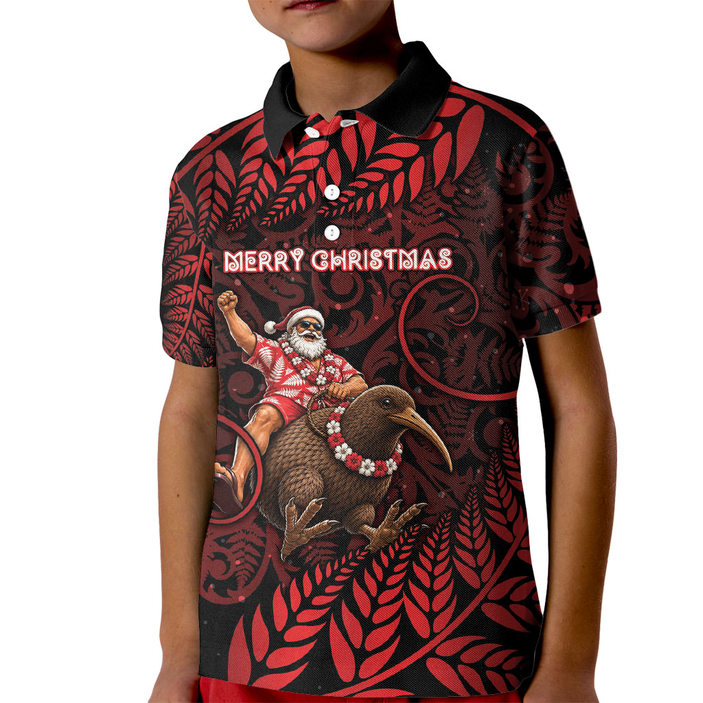 New Zealand Christmas Kid Polo Shirt Red Santa Riding Kiwi Bird Silver Fern
