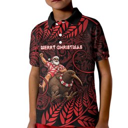 New Zealand Christmas Kid Polo Shirt Red Santa Riding Kiwi Bird Silver Fern