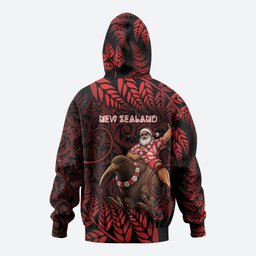 New Zealand Christmas Hoodie Red Santa Riding Kiwi Bird Silver Fern