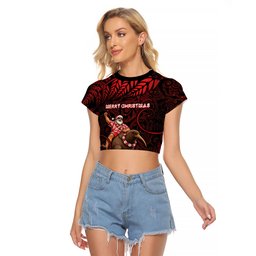New Zealand Christmas Raglan Cropped T Shirt Red Santa Riding Kiwi Bird Silver Fern