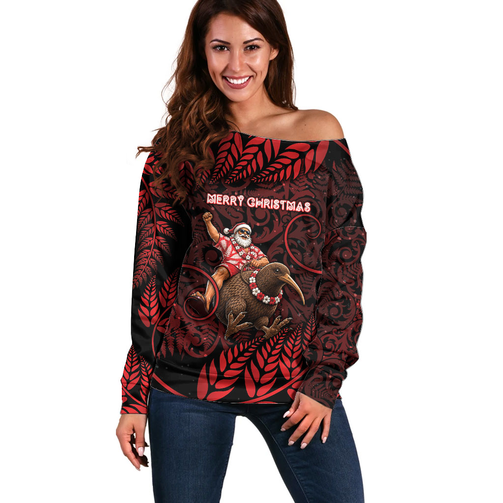 New Zealand Christmas Off Shoulder Sweater Red Santa Riding Kiwi Bird Silver Fern