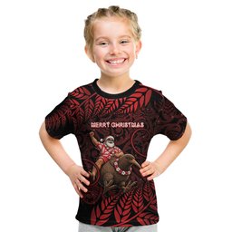 New Zealand Christmas Kid T Shirt Red Santa Riding Kiwi Bird Silver Fern