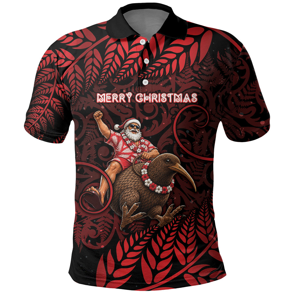 New Zealand Christmas Polo Shirt Red Santa Riding Kiwi Bird Silver Fern