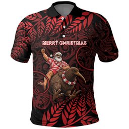 New Zealand Christmas Polo Shirt Red Santa Riding Kiwi Bird Silver Fern