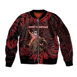 New Zealand Christmas Sleeve Zip Bomber Jacket Red Santa Riding Kiwi Bird Silver Fern