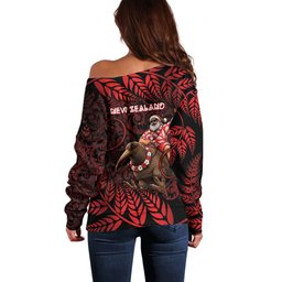 New Zealand Christmas Off Shoulder Sweater Red Santa Riding Kiwi Bird Silver Fern